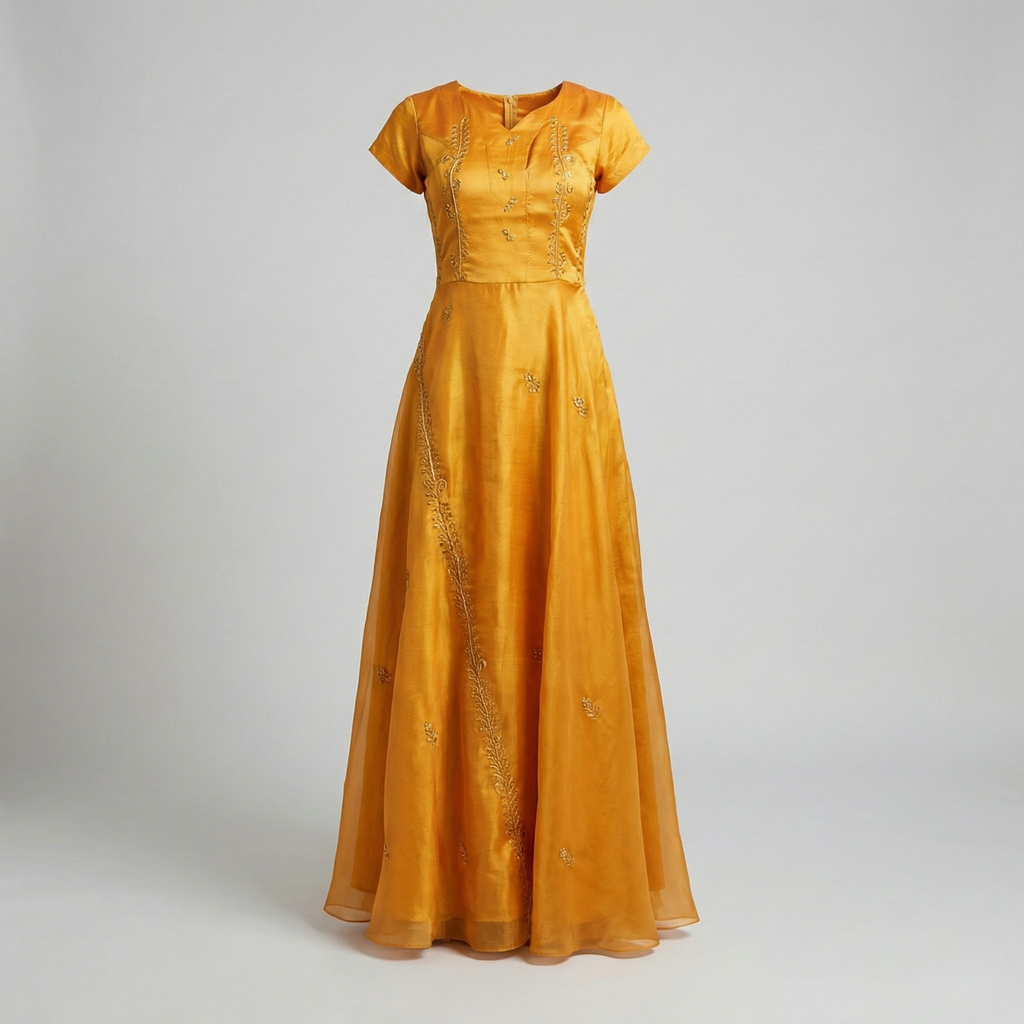 Honey Glow golden muslin silk A-line dress with silver embroidery by Fatima Farzana
