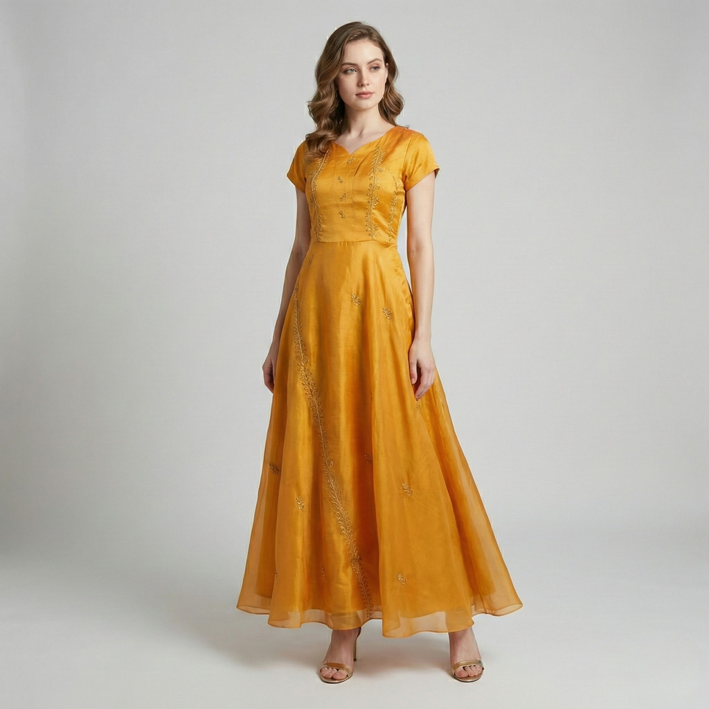 Honey Glow golden muslin silk dress worn by model showing full-length silhouette by Fatima Farzana