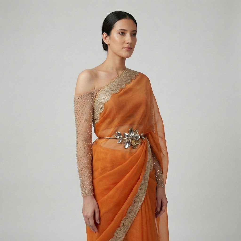 Saffron Veil close-up detail of orange muslin silk with floral brooch accent by Fatima Farzana