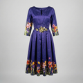 Twilight Flora indigo Rajshahi silk dress with hand-printed floral border and metallic belt by Fatima Farzana