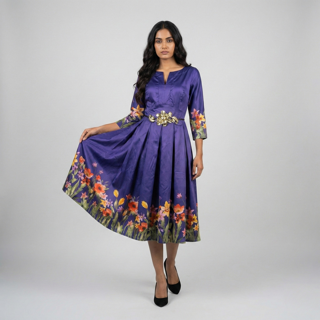 Twilight Flora purple Rajshahi silk dress with floral print worn by model by Fatima Farzana