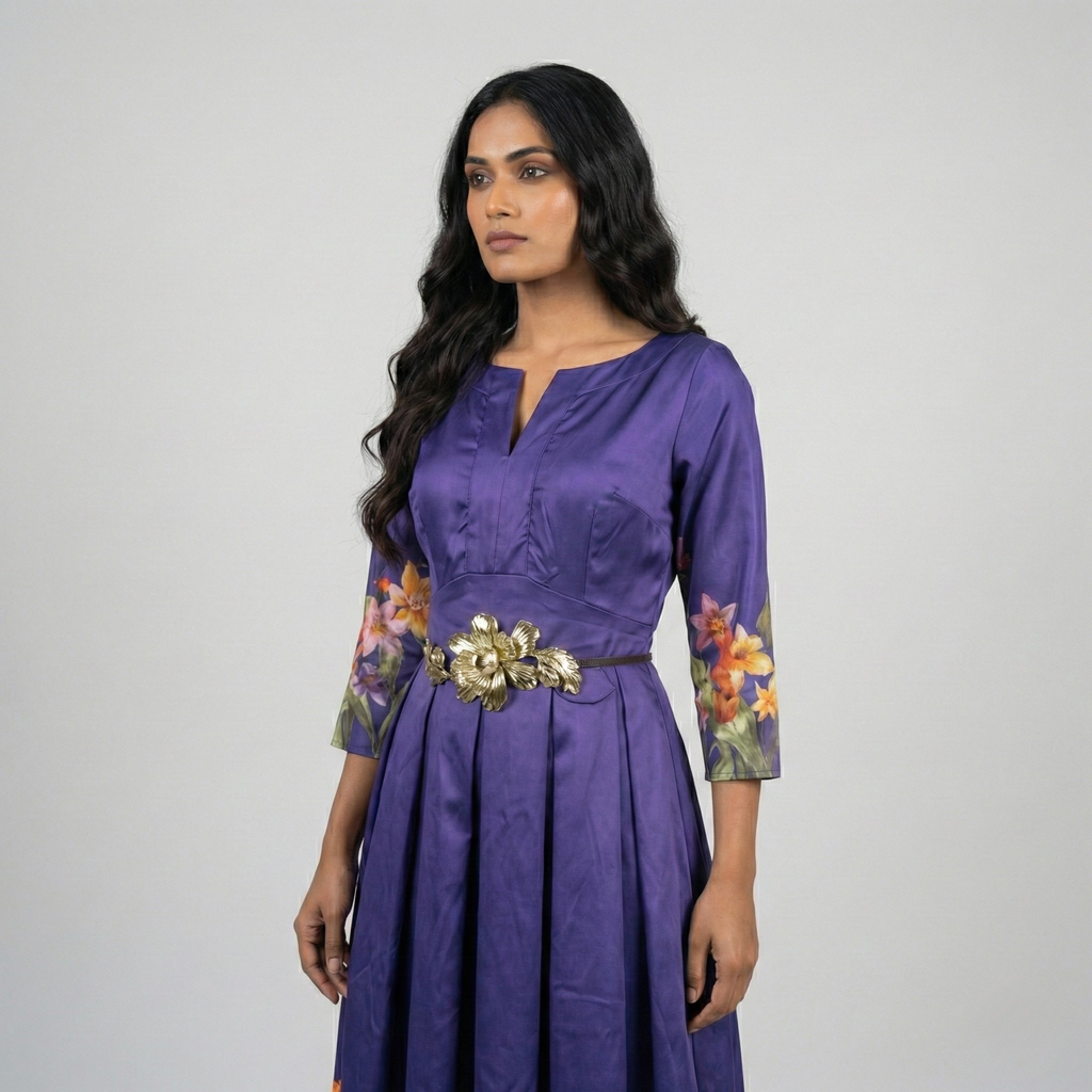 Twilight Flora close-up detail of floral sleeves and gold belt on purple Rajshahi silk by Fatima Farzana