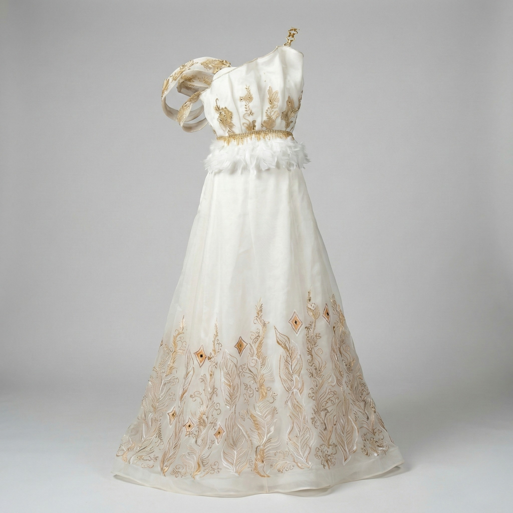 White Lotus handcrafted white organza silk evening gown with gold floral embroidery by Fatima Farzana