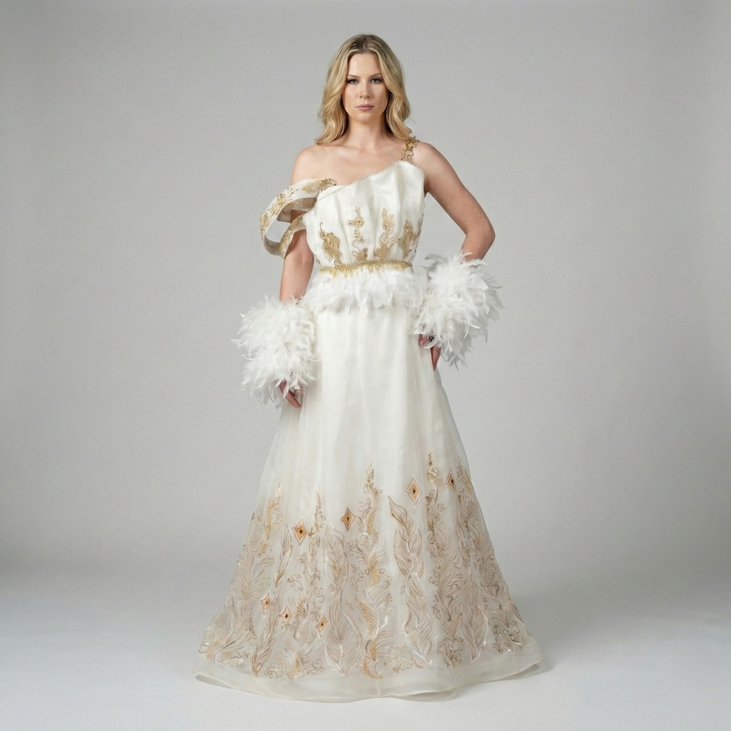 White Lotus luxury white and gold organza silk gown with feathered sleeves by Fatima Farzana