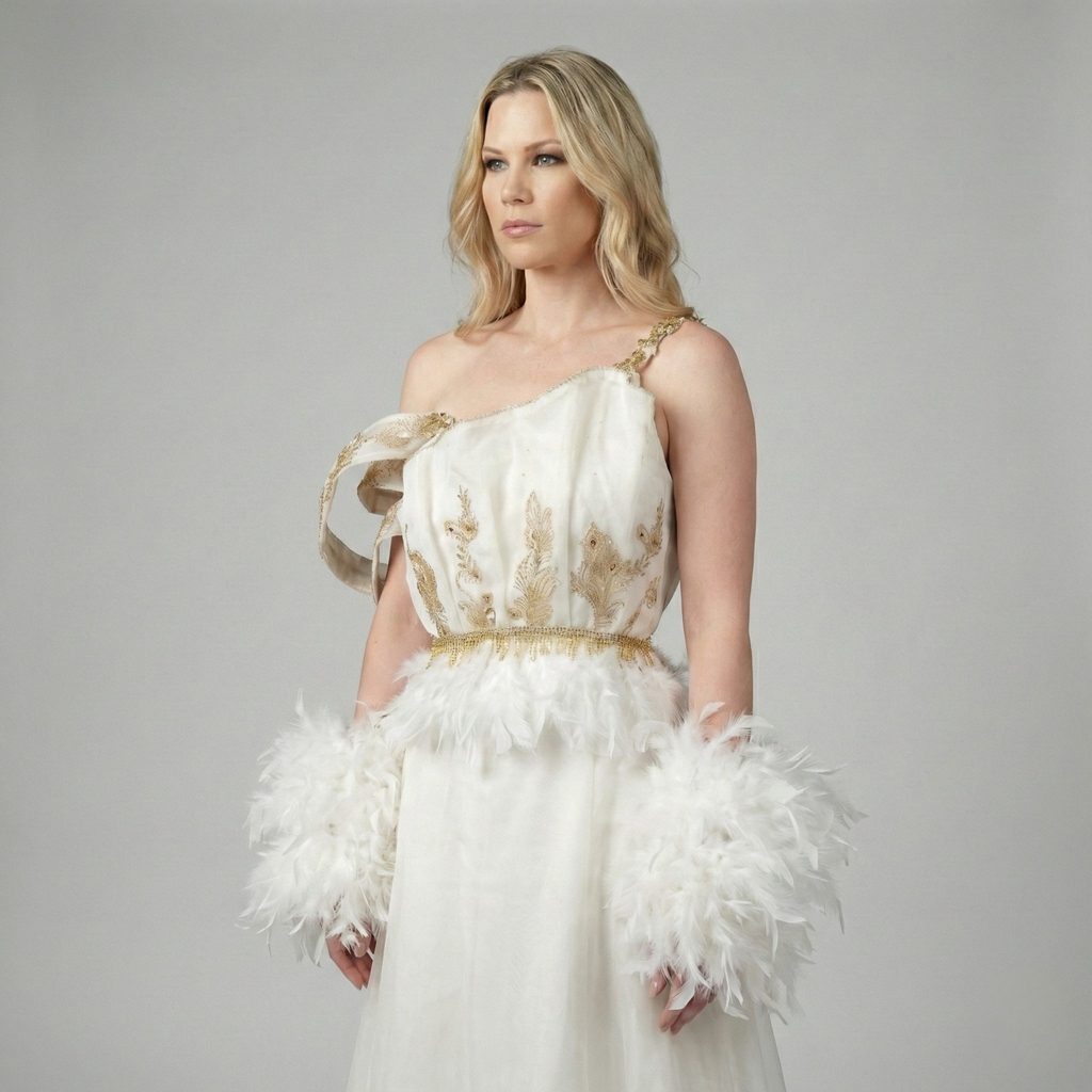 White Lotus dress close-up detail showing gold accents and feathered sleeves on organza silk by Fatima Farzana