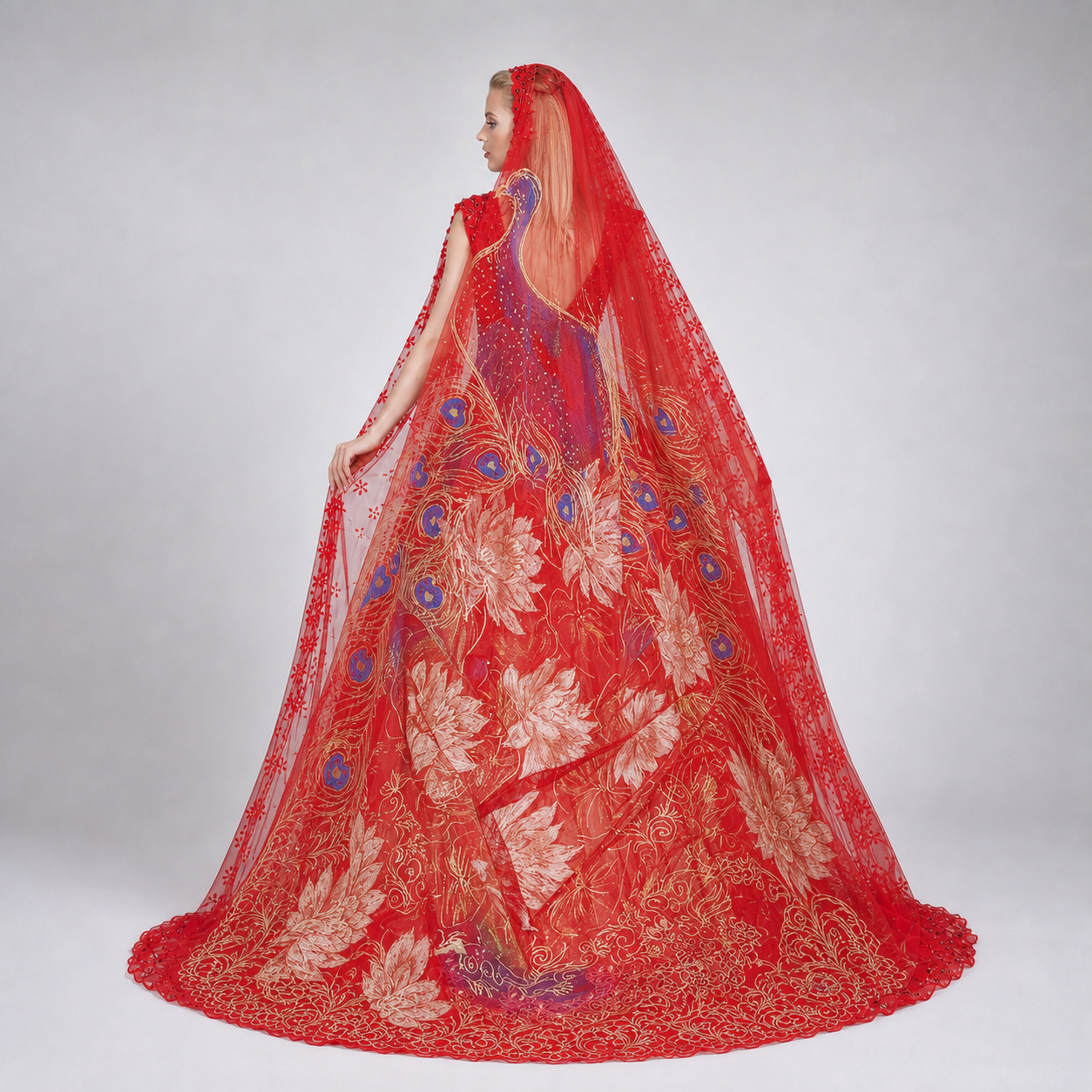 Scarlet Horizon model back view with source-accurate peacock artwork on the sheer red veil