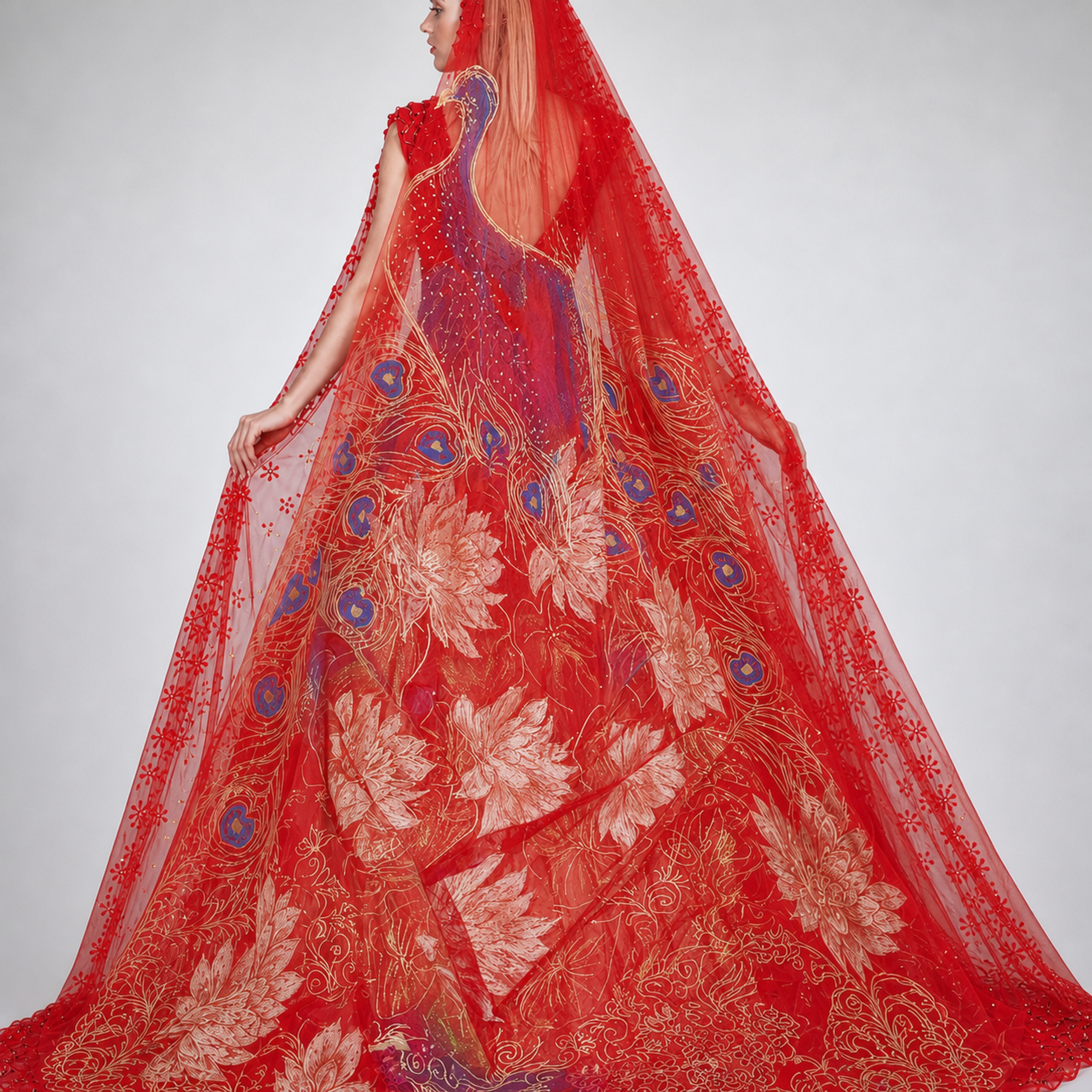 Scarlet Horizon rear veil detail with peacock feathers, blue eye spots, pale floral painting, and gold scrollwork